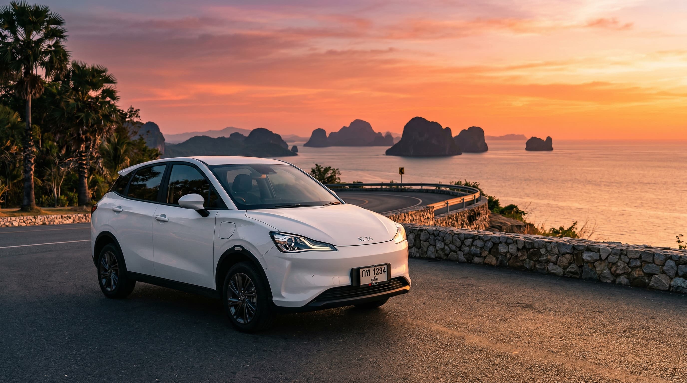 Neta V electric car at sunset in Phuket